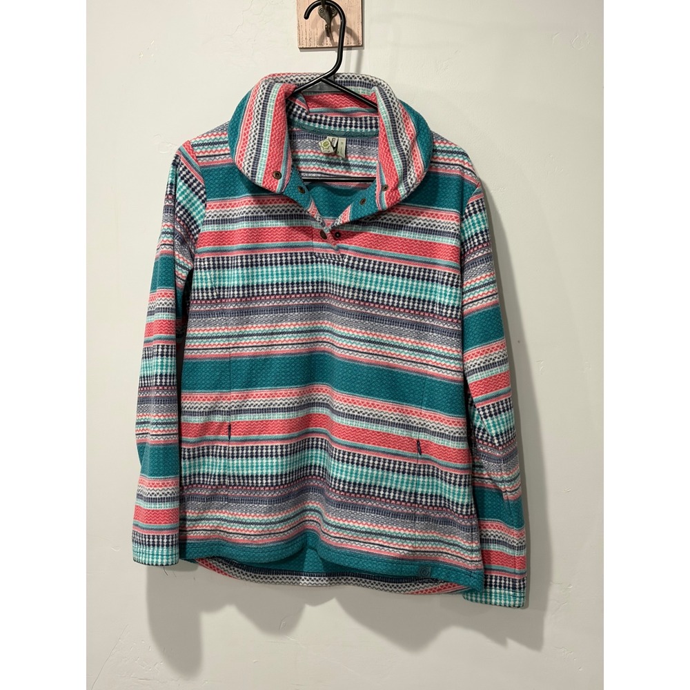 Sahalie ButterFleece Teal Coral Geometric Stripe Cowl Neck Snap Pullover Medium